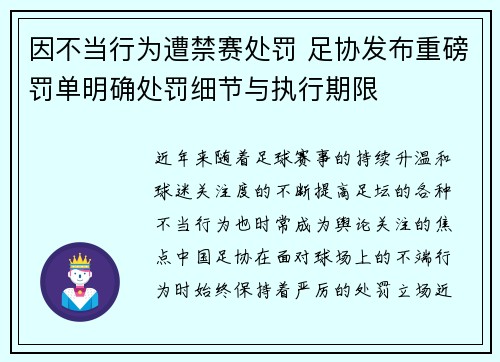 因不当行为遭禁赛处罚 足协发布重磅罚单明确处罚细节与执行期限